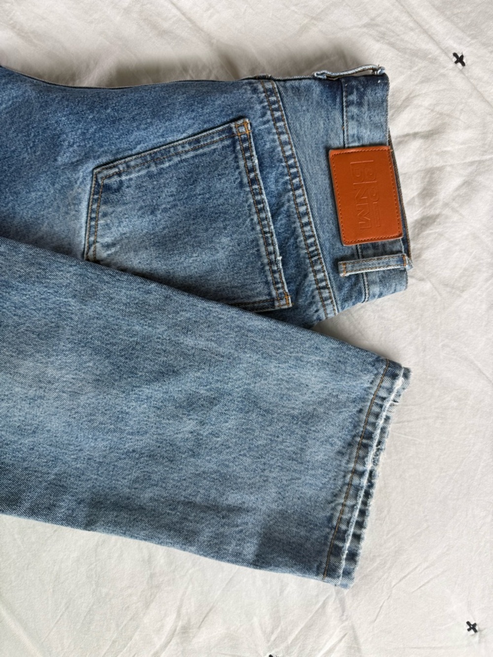 Princess Polly High-Rise Light Blue Straight Jeans with Leather Patch